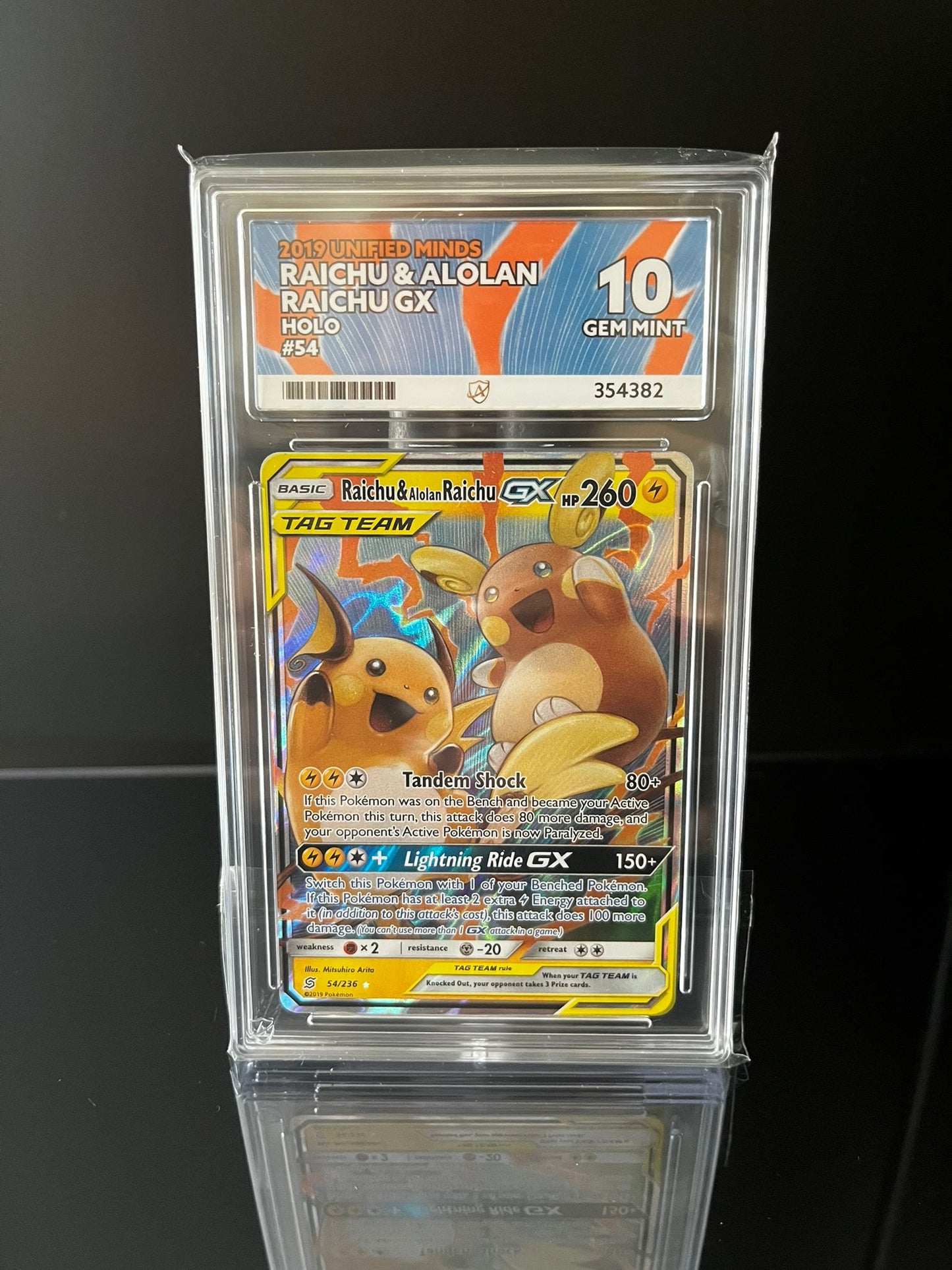 Raichu &amp; Alolan Raichu GX #54 ACE 10 Pokemon Unified Minds